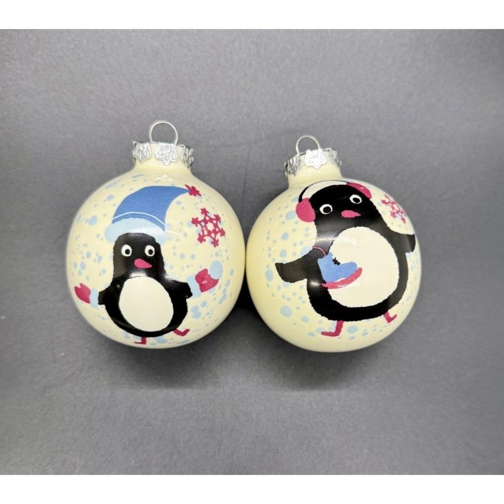 Vintage Glass Christmas Ornaments Penguin Pair Heavy Glass 3.25" Hand Painted